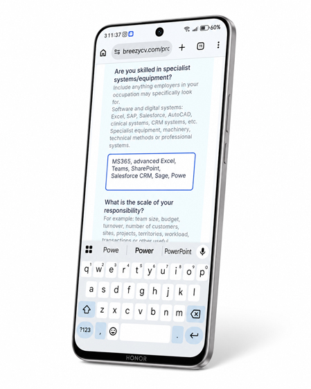 BreezyCV online CV form being completed on a mobile phone to create a professionally written CV.