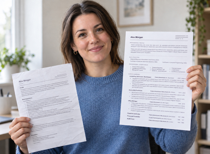Professional CV writing service showing a professionally rewritten CV